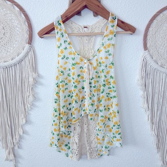 Free People Tops - Free people ditsy floral yellow crochet detail high low tank top XS